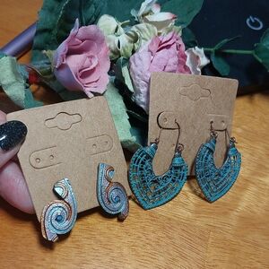 Lot of 2 Pair Copper Earrings Enamel Teal